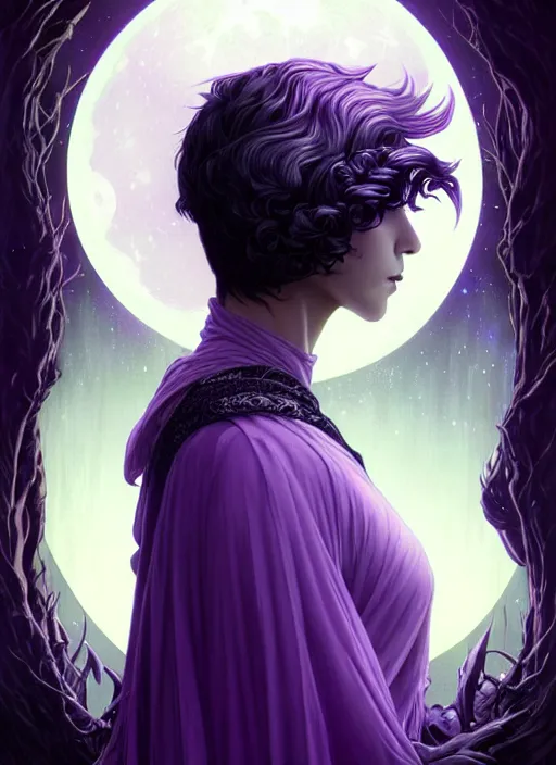 Prompt: background is moon many light effects, symmetrical centered portrait dark witch, large cloak, fantasy forest landscape, dragon scales, fantasy magic, undercut hairstyle, short purple black fade hair, dark light night, intricate, elegant, sharp focus, digital painting, concept art, matte, art by wlop and artgerm and greg rutkowski and alphonse mucha, masterpiece