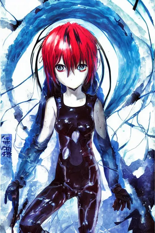 Image similar to beautiful coherent award-winning manga cover art of a mysterious blue-haired red-eyed anime girl wearing a plugsuit, serial experiments lain, painted by tsutomu nihei