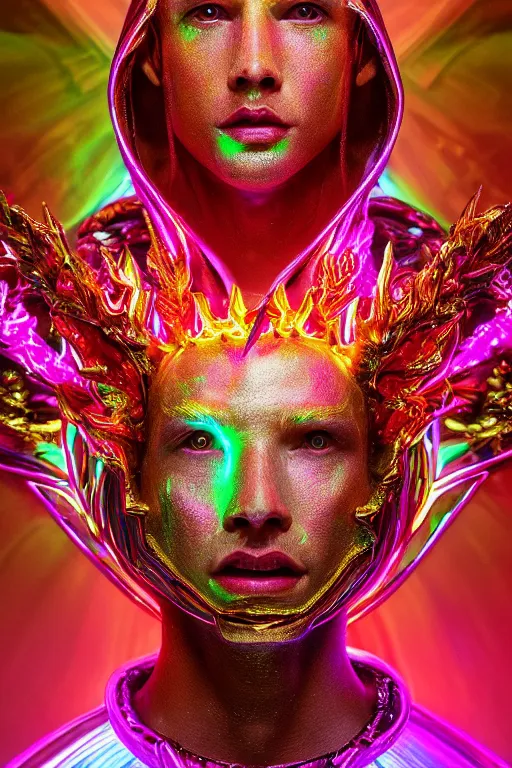 Prompt: hyper detailed ultra sharp portrait of baroque and bladerunner delicate neon ruby sculpture of seductive albino prince royce tigers orange iridescent humanoid deity wearing metallic hoody made out of leaves holding the sun prismatic dungeon, glowing rainbow face, crown of white diamonds, cinematic lighting, photorealistic, octane render 8 k depth of field 3 d