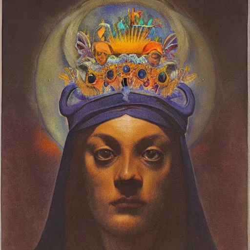 Image similar to portrait of a crow wearing a crown, by Diego Rivera and Annie Swynnerton and Maxfield Parrish, symbolist, dramatic lighting, embroidered brocade robes, god rays, rich colors,smooth, sharp focus, extremely detailed