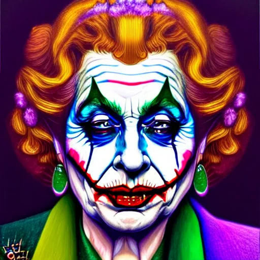 Prompt: An extremely psychedelic portrait of Queen Elizabeth as the Joker, surreal, LSD, face, detailed, intricate, elegant, lithe, highly detailed, digital painting, artstation, concept art, smooth, sharp focus, illustration