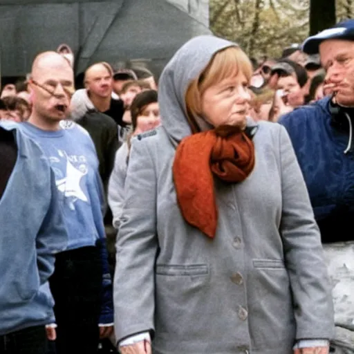 Prompt: Angela Merkel dressed as Eminem in the movie 8 mile, movie still