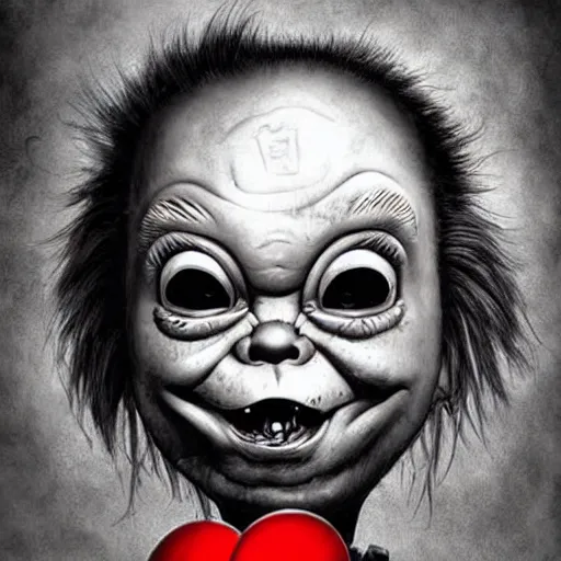 Image similar to surrealism grunge cartoon portrait sketch of chucky with a wide smile and a red balloon by - michael karcz, loony toons style, mad max style, horror theme, detailed, elegant, intricate