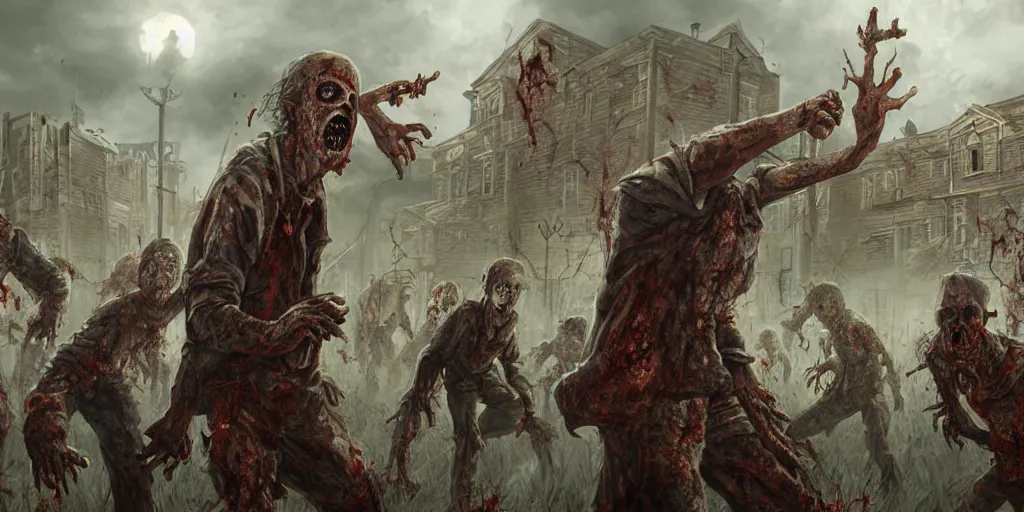 Prompt: Zombies wandering through a Midwestern town, high quality fantasy art, 4k