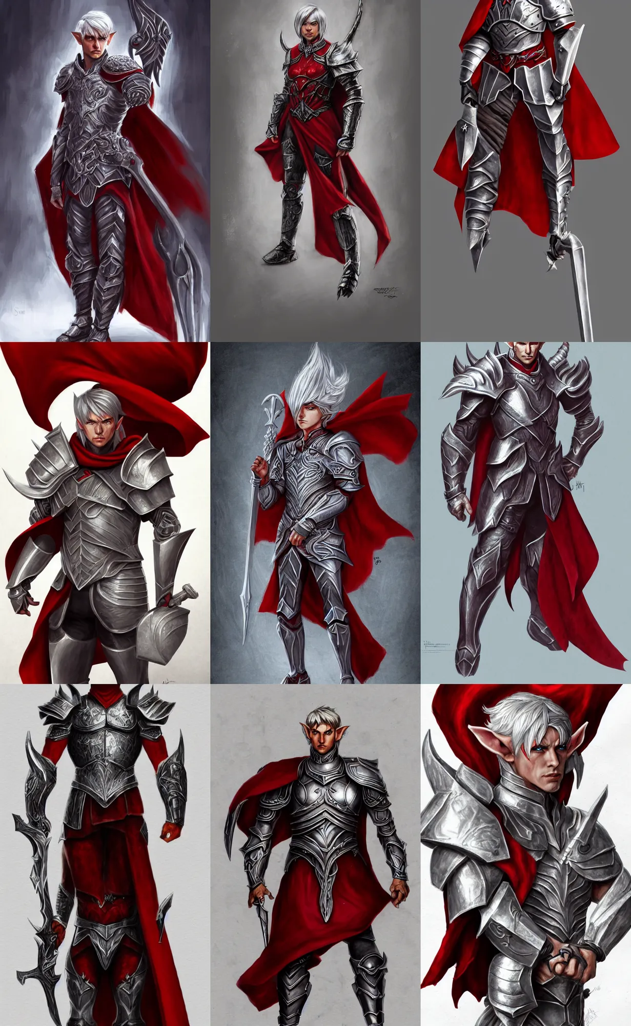 Prompt: A full body illustration of a male elf, short silver hair, red eyes, wearing heavy armor with cape, lean but muscular, attractive, command presence, royalty, weathered face, gritty, hard shadows, smooth, illustration, concept art, highly detailed, muscle definition, ArtStation, ArtStation HQ