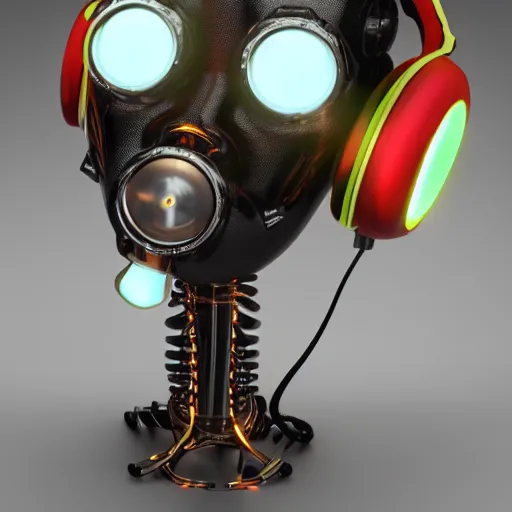 Prompt: a glossy claymodel of a steampunk robot head with glowing headphones, 8 k, symetrical, flourescent colors, halluzinogenic, multicolored, very detailed, black background, 3 d render,
