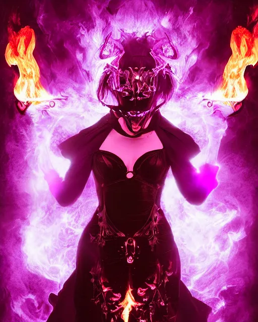 Image similar to pyromancer devil girl cover in purple death flames, deep pyro colors, purple laser lighting, award winning photograph, radiant flares, intricate, various refining methods, micro macro autofocus, evil realm magic painting vibes