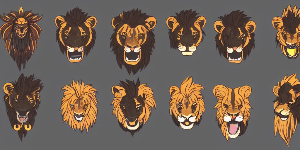 Prompt: game asset of unique lion heads on black background, organic, toei animation color palette, smooth vector lines, toon shading, 5 colors, solid colors, flat 2 d design, 2 d sprites, 8 k, close up