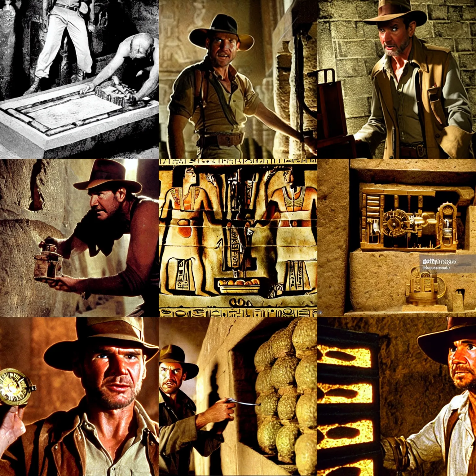 Prompt: indiana jones finds the clockwork workings of an avacado box in egyptian tomb, perfectly lit. movie still