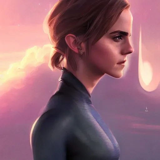 Image similar to a portrait of emma watson wearing skintight dress, futuristic earth in the background as seen by greg rutkowski, light theme, enchanted, warm colors, high quality, waw, trending on artstation