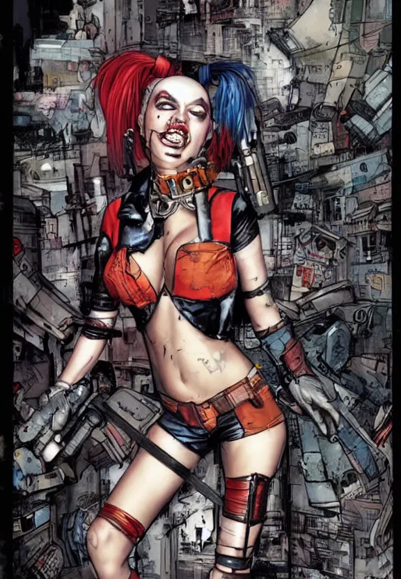 Image similar to a dream portrait of cyberpunk Harley Quinn in post apocalyptic Gotham art by Paul Dini, Joe Chiodo, Simon Bisley