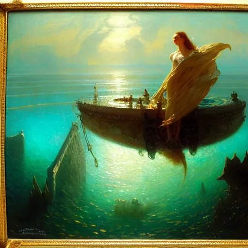 Prompt: point of view of deep in the ocean looking up, you see fishes, higher up you see the milk way, night time. highly detailed painting by gaston bussiere, greg rutkowski 8 k