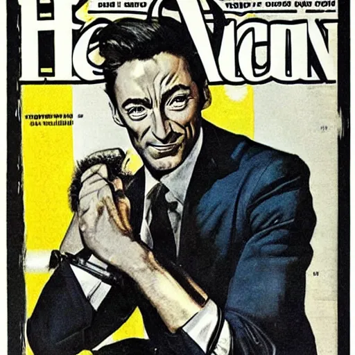 Prompt: Hugh Jackman portrait, vintage magazine illustration 1950