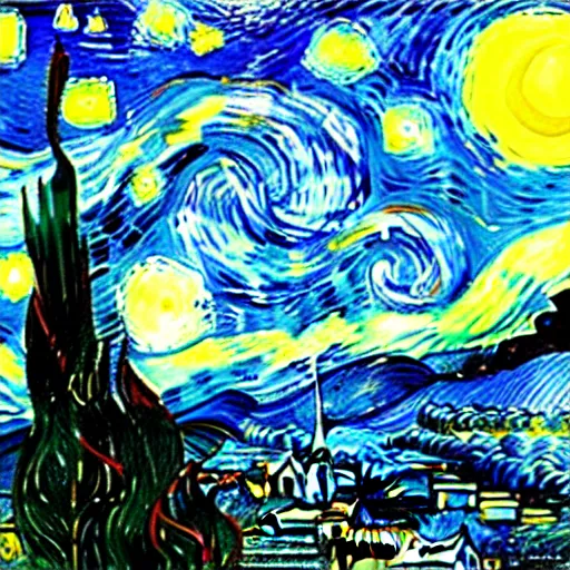 Prompt: A realistic photograph based on Vincent Van Gogh's painting The Starry Night