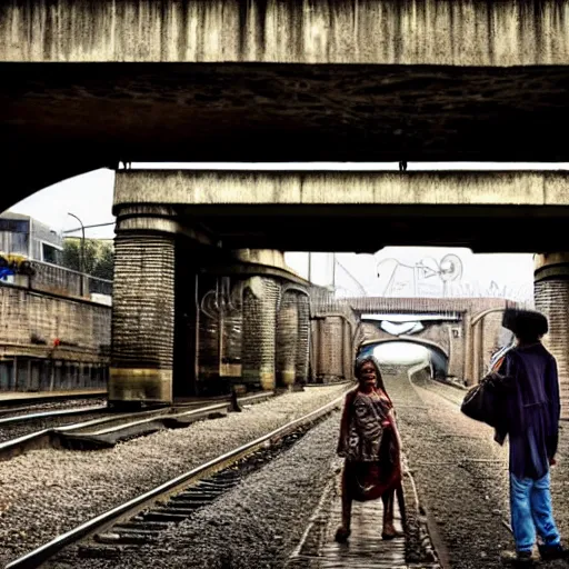 Image similar to poor people life under railway bridge, award winning, realistic, 4 k, hyper details, portrait by steve mccury and annie leibovitz and chindy sherman, best on adobe stock, cinematic, detailed place and people