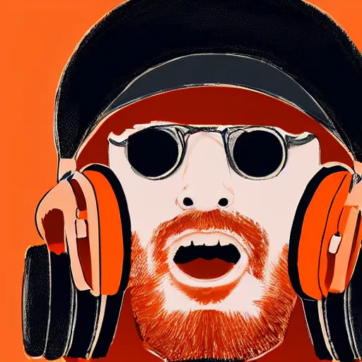 Image similar to streamer on twitch with black hat, stubble, ginger hair, orange hair, black cap, stubbles, red headphones, in the style of tatsuro kiuchi, art, abstract