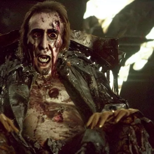 Prompt: Nicolas Cage as the putrescent lord of decay crying tears of blood, perched upon a throne diseased alien skulls, bizarre, cinematic, Eastman 5384 film