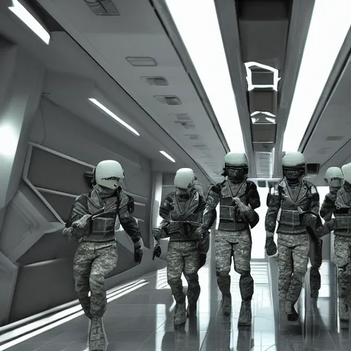 Image similar to a squad of futuristic soldiers in a spaceship hallway