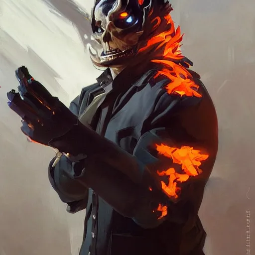 Image similar to greg manchess portrait painting of ghost rider as overwatch character, medium shot, asymmetrical, profile picture, organic painting, sunny day, matte painting, bold shapes, hard edges, street art, trending on artstation, by huang guangjian and gil elvgren and sachin teng