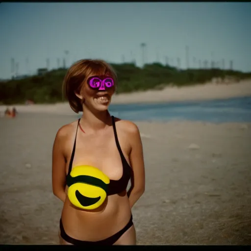 Image similar to A sad woman wearing an inflatable smiley to the beach, 1980, color film expired film, aged photo