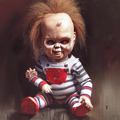 Image similar to the doll chucky, oil painting, by greg rutkowski