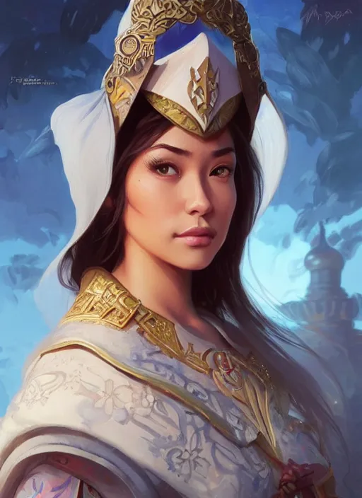 Image similar to portrait of russian mexican asian girl jodhpurs hyperborea lemuria, deep focus, d & d, fantasy, intricate, elegant, highly detailed, digital painting, artstation, concept art, matte, sharp focus, illustration, hearthstone, art by rhads by artgerm and greg rutkowski and alphonse mucha