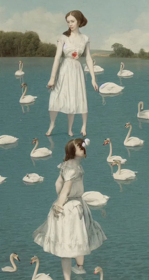 Prompt: A photograph of a young woman wearing a summer dress, with the head of a cat and swans for hands, walking on the surface of a lake