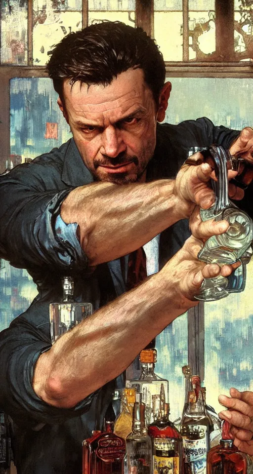 Image similar to close up of max payne pouring a drink, sun shining, photo realistic illustration by greg rutkowski, thomas kindkade, alphonse mucha, loish, norman rockwell.