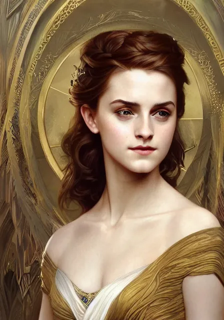 Image similar to sansa emma watson sunny gold, intricate, elegant, highly detailed, digital painting, artstation, concept art, smooth, sharp focus, illustration, art by artgerm and greg rutkowski and alphonse mucha and william - adolphe bouguereau