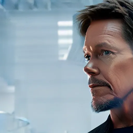 Prompt: film still of Kevin Bacon as Tony Stark in Ironman armor without the head piece in the new Avengers movie
