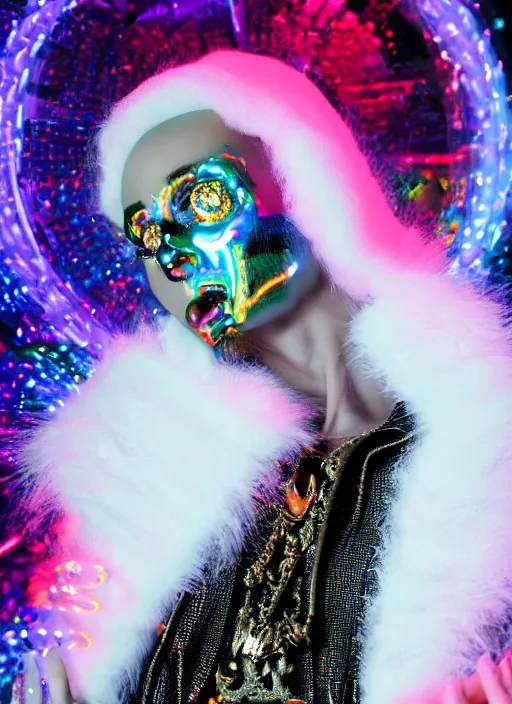 Prompt: photo of baroque and bladerunner delicate neon diamond sculpture of seductive ceramic albino prince reece king dotado creamy orange iridescent humanoid deity wearing white fluffy hoody holding diamond skull in a black metallic dungeon, reclining, glowing rainbow face, crown of white diamonds, cinematic lighting, photorealistic, octane render 8 k depth of field 3 d