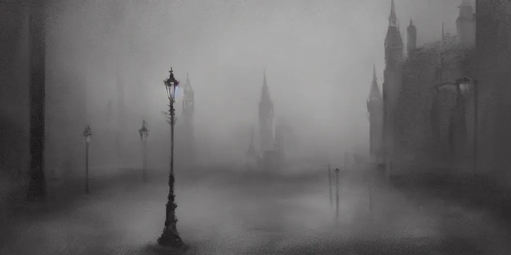 Image similar to victorian london, fog, night, digital art by chris cold, - h 6 4 0