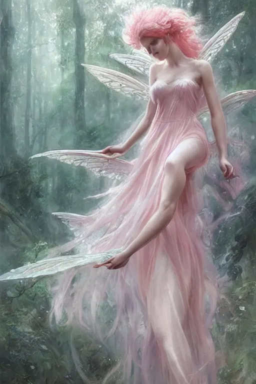 Prompt: a pastel pink beautiful fairy with large wings and flowing hair and beautiful face in a forest, art by greg rutkowski, extremely high detail and compexity, very intricate, full body portrait, soft lighting