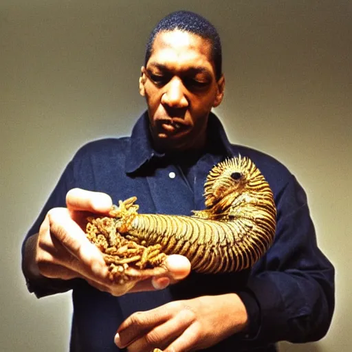 Image similar to john coltrane snuggling a giant mealworm