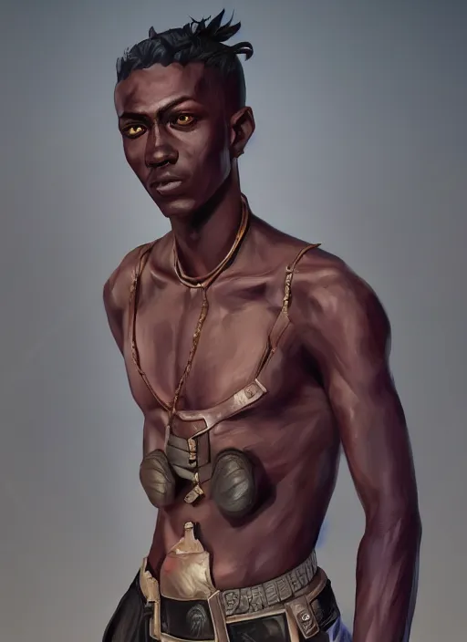 Image similar to An epic fantasy comic book style portrait painting of a skinny dark skinned thief who\'s good at martial arts, unreal 5, DAZ, hyperrealistic, octane render, cosplay, RPG portrait, dynamic lighting