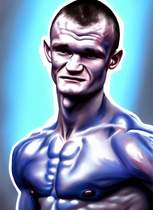 Image similar to vitalik buterin looks like ronnie coleman, digital art, oil painting, cold blue tones, fantasy, 8 k, trending on artstation, detailed