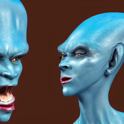 Image similar to portrait of a blue alien, singing opera, photo, 8k