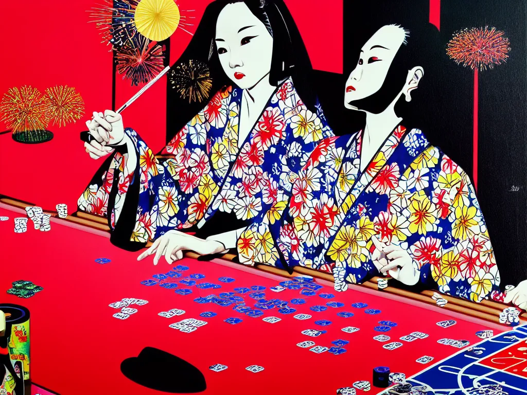 Image similar to hyperrealistic composition of the detailed woman in a japanese kimono sitting at a extremely detailed poker table with detailed darth vader, fireworks, mount fuji on the background, pop - art style, jacky tsai style, andy warhol style, acrylic on canvas