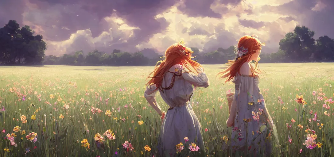 Prompt: a beautiful southern woman named Savannah, innocent, somber turquoise eyes, freckles, long ginger hair tied with white ribbon, relaxed in a field of flowers on a farm, gentle lighting, storm in the distance, western clothing, dress, digital art by Makoto Shinkai ilya kuvshinov and Wojtek Fus, digital art, concept art,