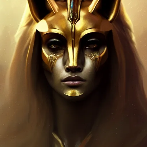 Image similar to Beautiful aesthetically pleasing female Anubis warrior portrait, face centered portrait, Confident, fog, rain, volumetric lighting, beautiful, golden hour, sharp focus, ultra detailed, conceptartworld by Leesha Hannigan, Ross Tran, Thierry Doizon, Kai Carpenter, Ignacio Fernández Ríos