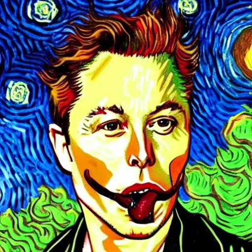 Prompt: portrait of elon musk eating giant hamburgers, big macs with extra bacon lettuce tomato, ethereal, handsome, intricate, elegant, highly detailed, art by vincent van gogh