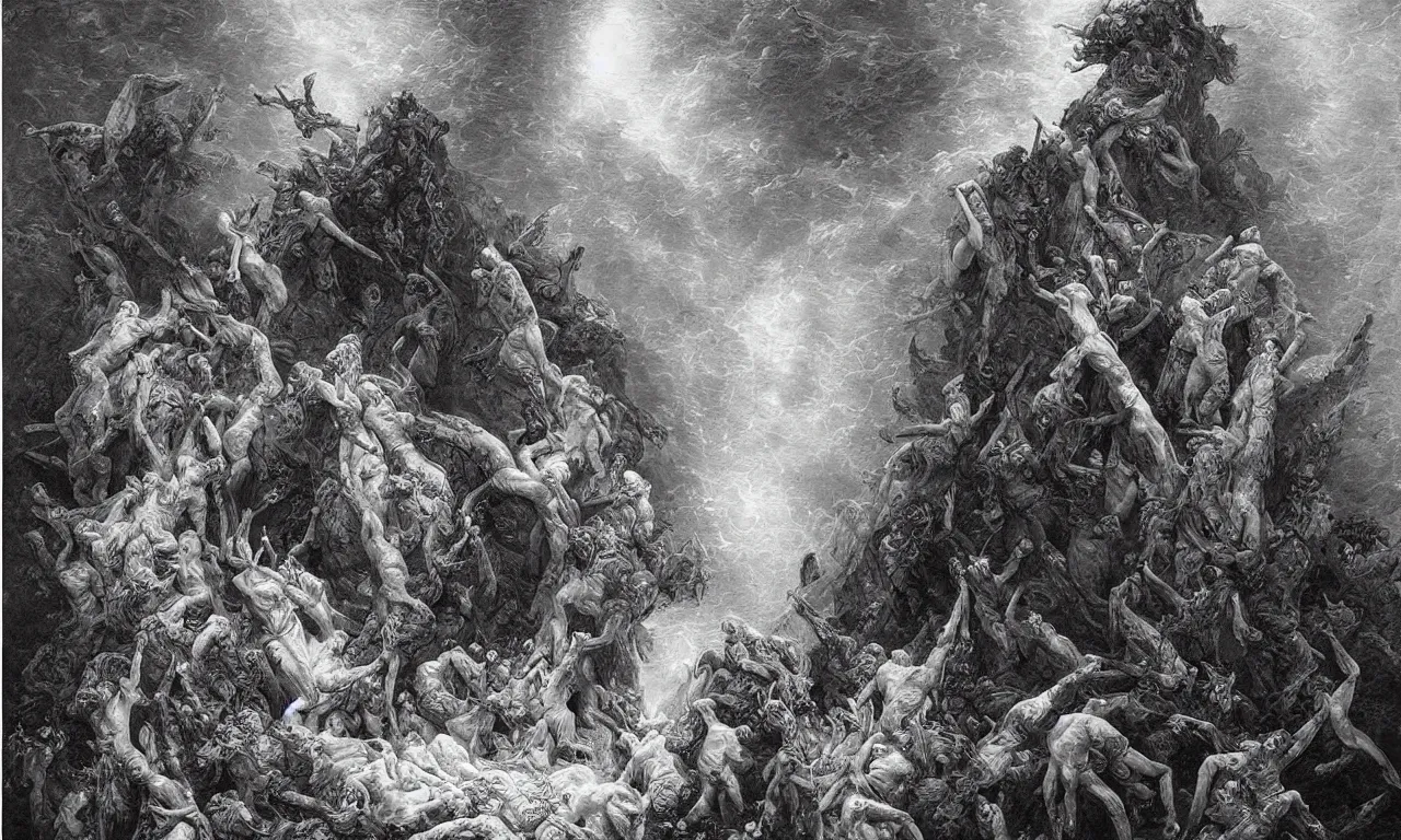 Prompt: one must be willing to leave behind existing concepts and practices that hold the world together in order to find the truth, it is not only a matter of survival but a choice for conscious evolution, shattering paradigms is an observation of the crumbling and disintegration of the patterns of the existing model of reality, oil painting by gustave dore,