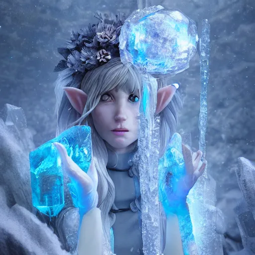 Image similar to a fantasy elf woman trapped and frozen trying to get out of a block of clear ice, with frozen flowers around her, treding artstation, greg rutkowski, cinema 4 d, cinematographic