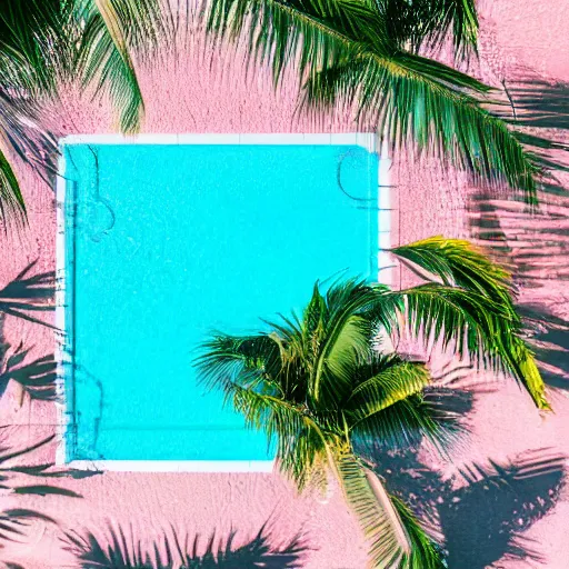 Prompt: high quality color aerial view photo of a sparkling swimming pool with palm tree leaves on the edges, pastel faded effect, synthwave colors