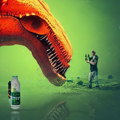 Image similar to t - rex drinking a giant ipa, hop vibes growing everywhere intricate complexity, inverted rainbow drip paint, psychedelic glitch art, trending on art station, photoreal, 8 k, octane render