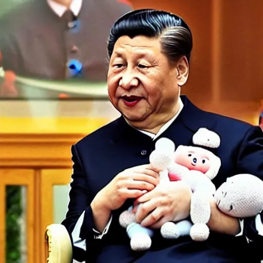 Prompt: chinese president xi jinping wearing baby clothes and sucking a dummy, newspaper photo