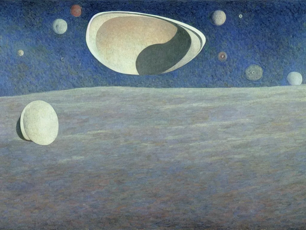 Prompt: white dream bot mothership crashed in the crater of pelt and carbon. painting by monet, piero della francesca, agnes pelton, rene magritte, moebius