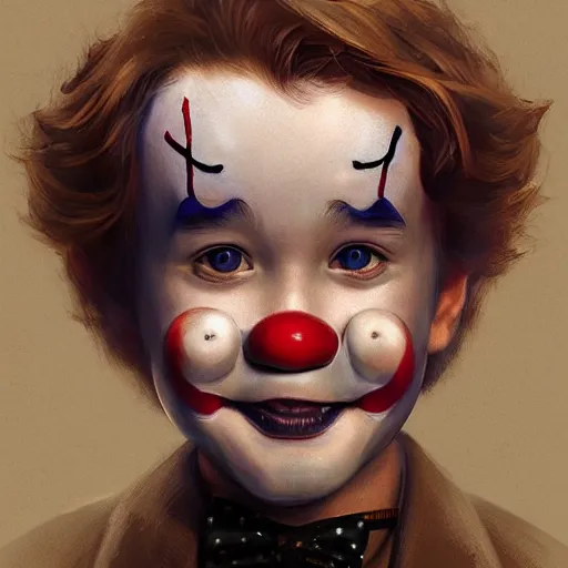 Image similar to Young Haley Joel Osment from the movie AI as cute clown, by Stanley Artgerm Lau, WLOP, Rossdraws, James Jean, Andrei Riabovitchev, Marc Simonetti, Yoshitaka Amano, ArtStation, CGSociety,