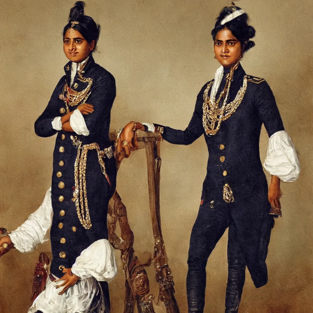 Prompt: A high quality colour photo of a young Indian woman admiral in the Royal Navy, wearing an 18th century waistcoat, breeches and a tricorn hat