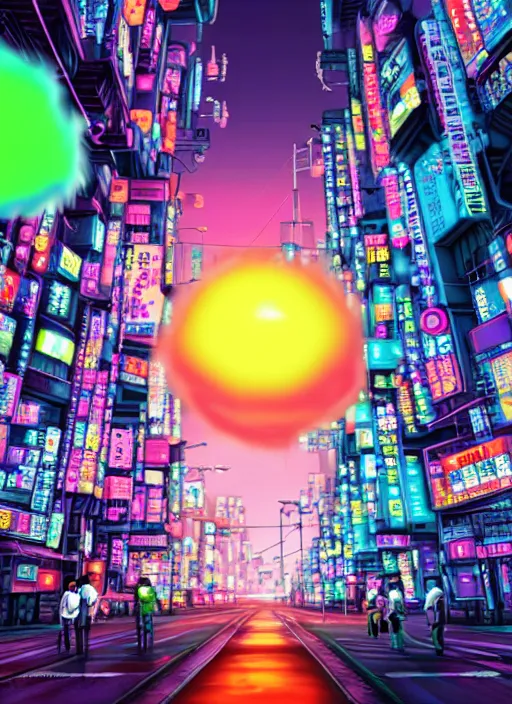 Image similar to giant colorful bright microbe and virus and dna and bacteriophage eat people in streets, neo - tokyo, realistic, 8 k, ultra detailed